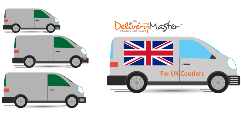 illustration of courier vehicles and UK flag
