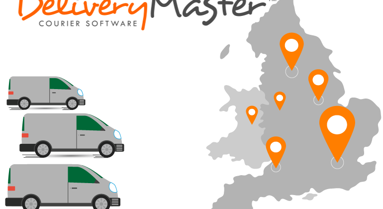United Kingdom illustration with three small courier delivery vans