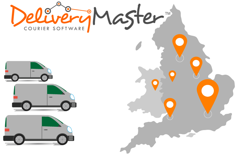 United Kingdom illustration with three small courier delivery vans